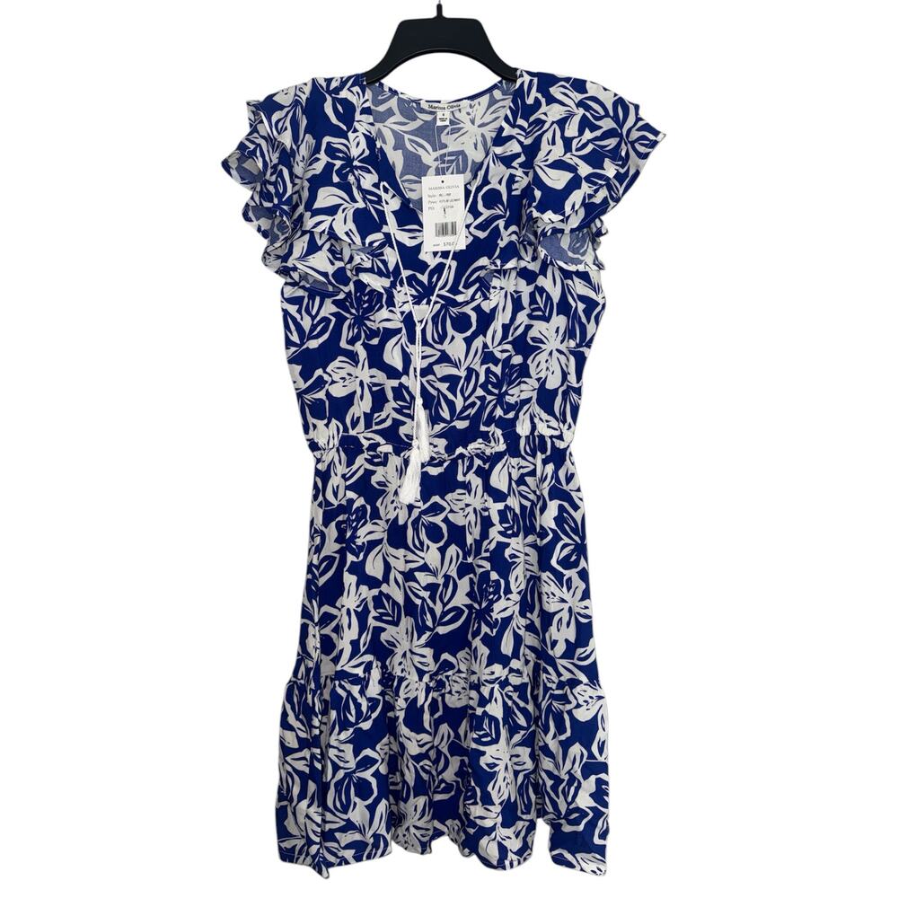 Marissa Olivia Blue/White Womens S Dress Floral Ruffle Sleeve Elastic Waist Midi - Picture 4 of 8